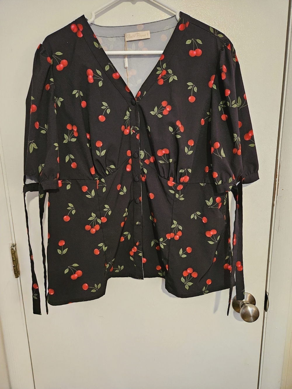 V-Neck Cherry-Print Tie-Waist Blouse - Black/Red